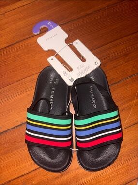 Primark Black Slides with Rainbow Stripe Band